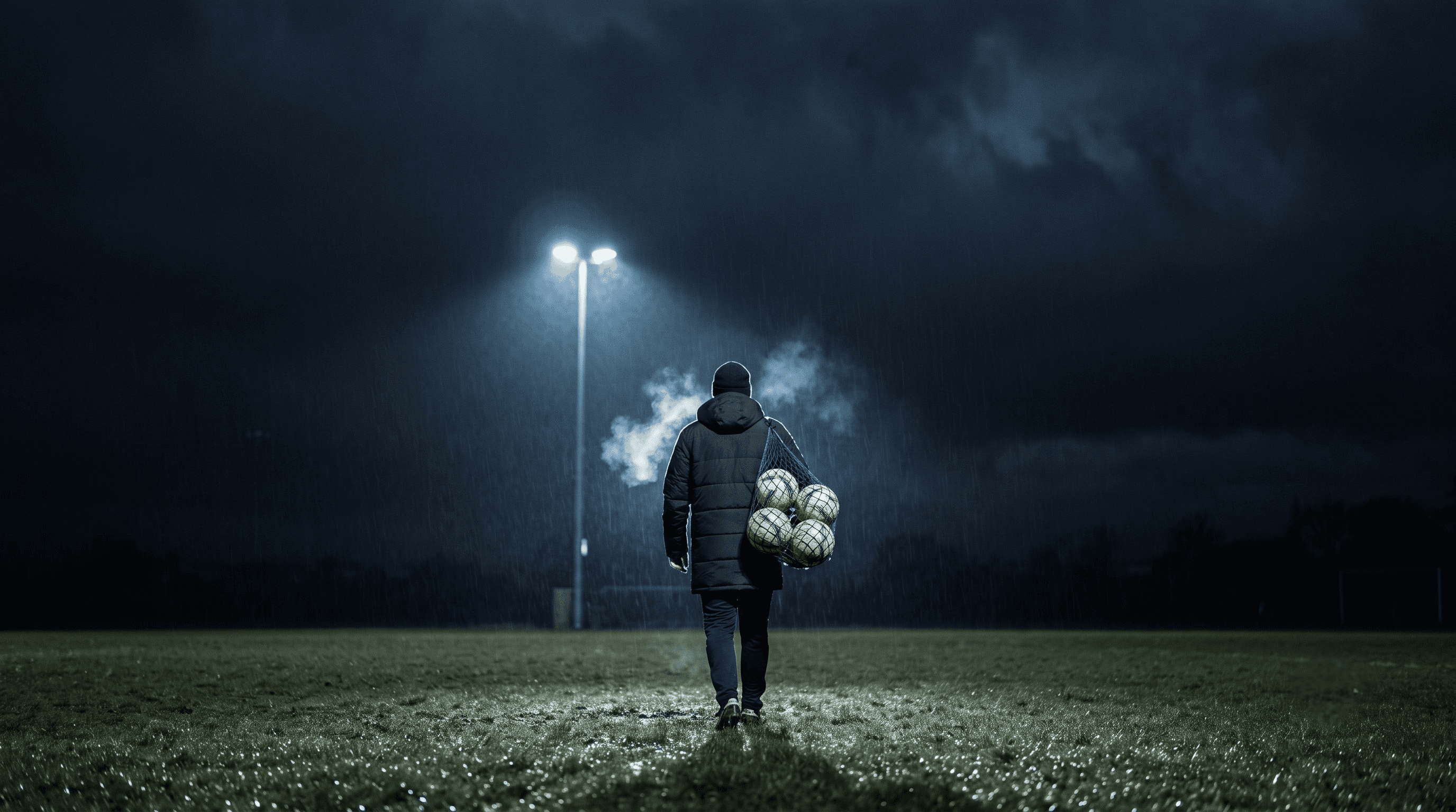 A lone grassroots coach walking away across a floodlit, rain-soaked pitch under a storm sky, a net of footballs over his shoulder